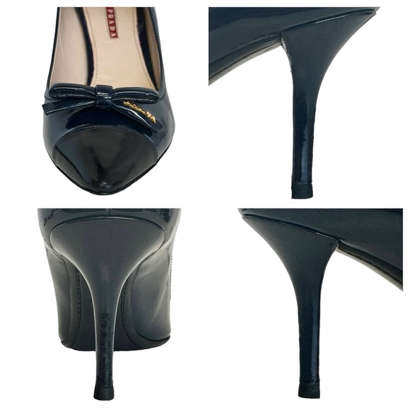 Prada Patent Leather Heels Blue Black Pointed Toe Bow Accent Size EU IT 40 US 10 - Picture 16 of 17